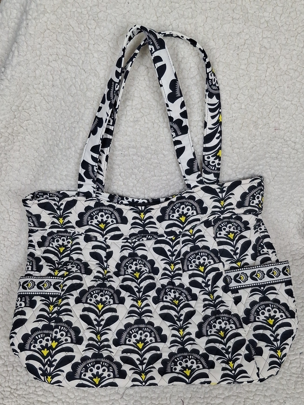 Vera Bradley Black & White Quilted Floral Tote with Yellow Accents
